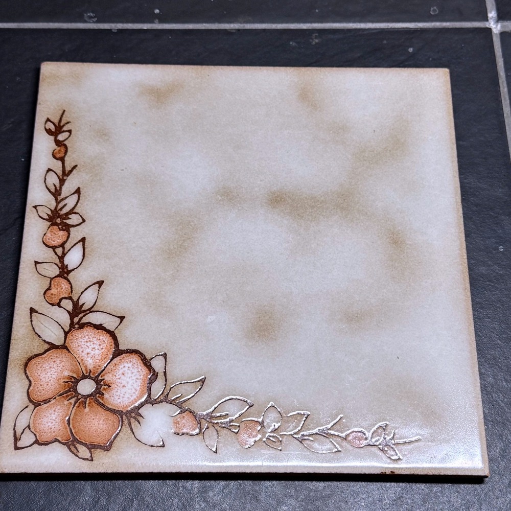 Vintage Floral Ceramic Art Tile Tan Brown Decorative Trivet Coaster 7.75 Inch